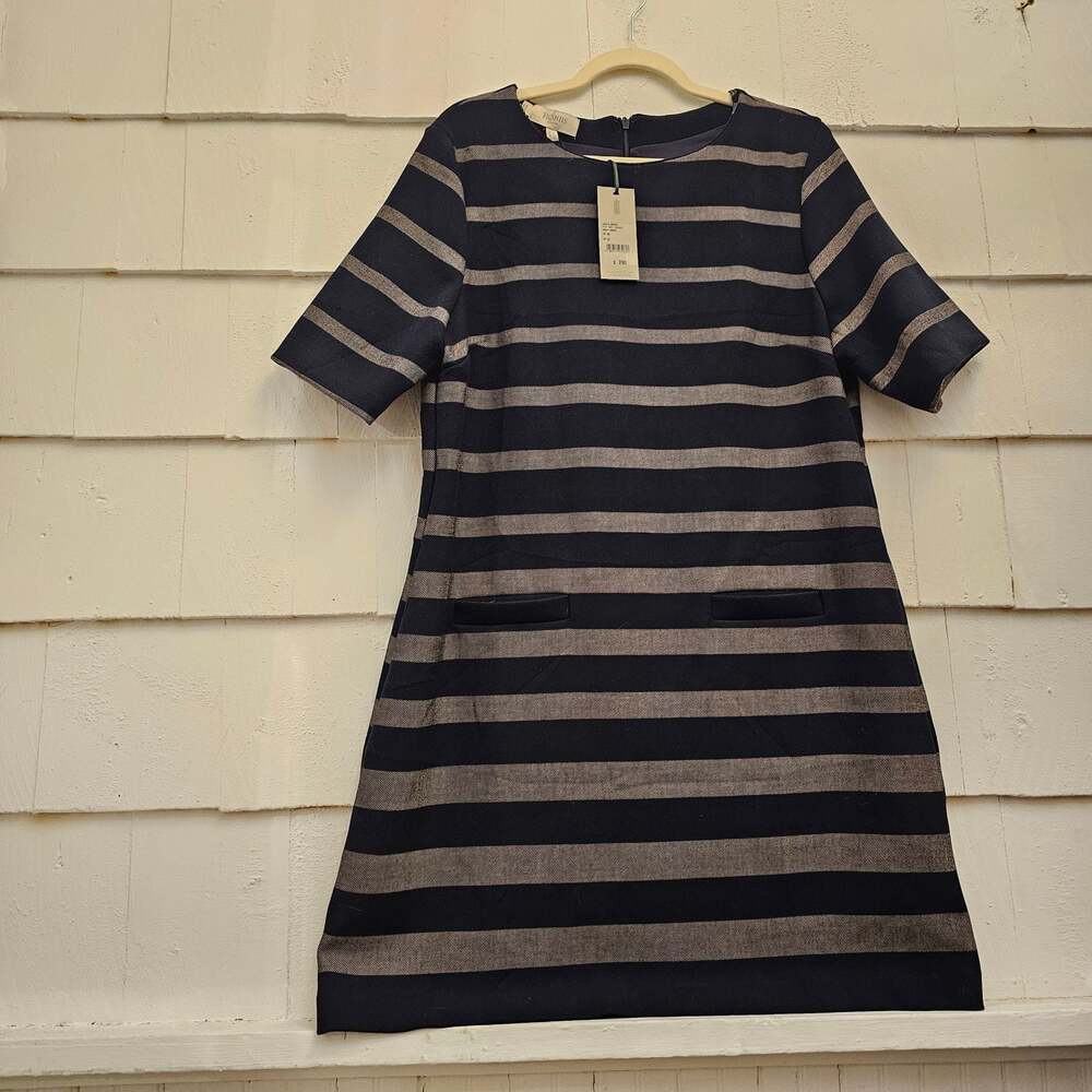 Hobbs London Carla Dress US 12 UK 16 Navy Camel Striped Sheath Dress NWT